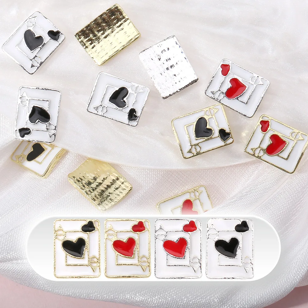 10 peças amuletos de unhas modernos com tema de pôquer-coração de liga de coração vermelho/pá com bordas douradas/prateadas acabamento esmaltado designs exclusivos de manicure