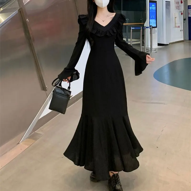

Elegant French Style Mermaid Long Dress Women's Clothing Spring Autumn Solid Color Fashionable Ruffles Patchwork Waist Dresses