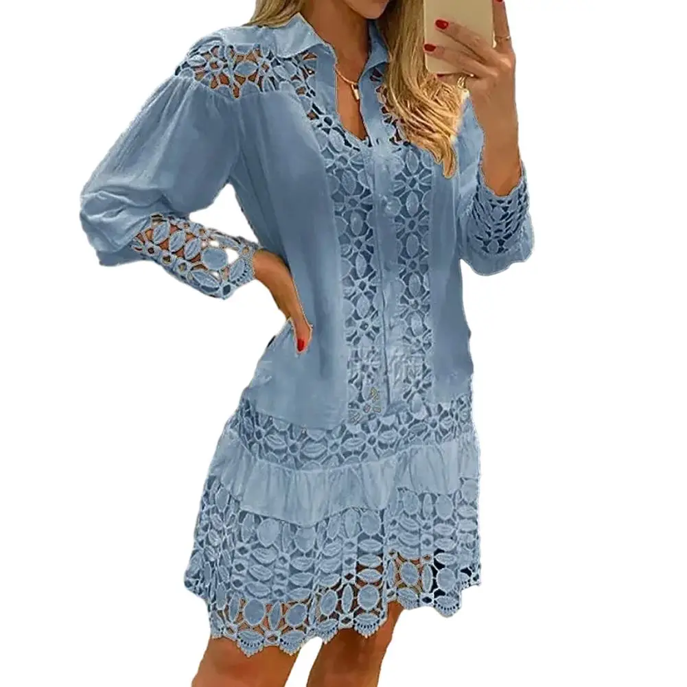 Sexy Lady Hollow Out Lace Womens Dress Solid Color Single Breasted Splicing Long Sleeve Cutout Shirt Female Dresses Clothing