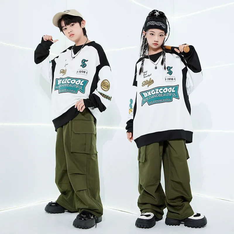 Conjuntos de baile callejero para niños, sudadera holgada, pantalones verdes, trajes de Hip Hop, traje de baile de Jazz moderno, ropa de actuación Kpop para niñas