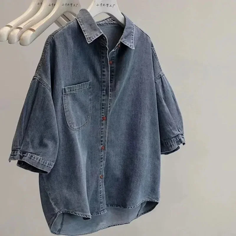 Denim Five-Point Short-Sleeved shirt Women Spring Summer New Loose Slim Retro Niche Design Simple Cowgirl Ladies Shirts Blouse