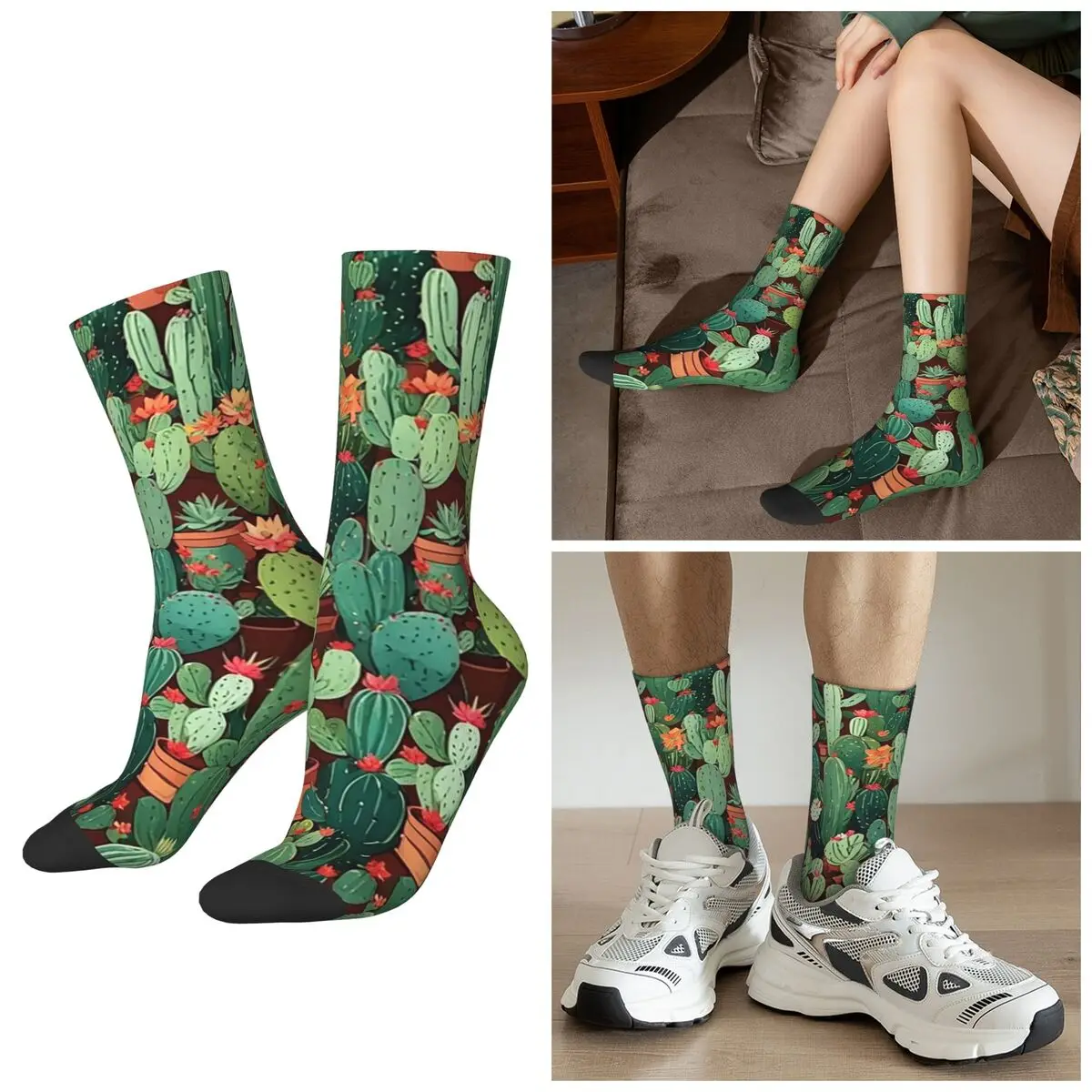 

All Seasons Colorful Cartoon Cactus Pots Print Socks Harajuku Crew Socks Hip Hop Stockings for Men Women Valentine's Day Gifts
