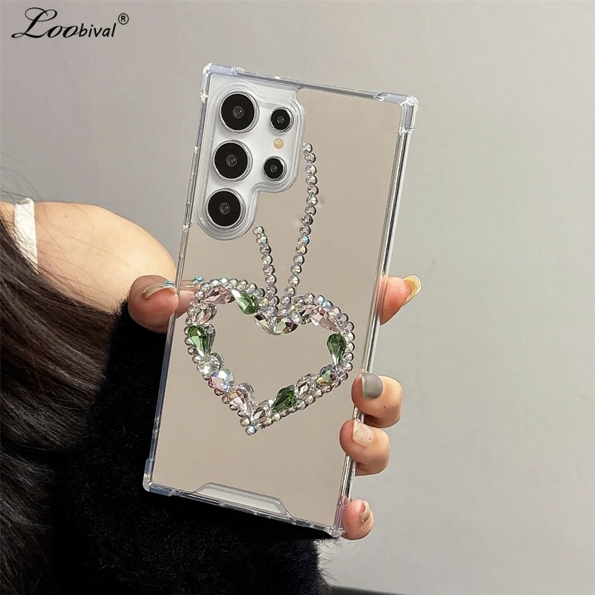 Glitter Diamond Love Heart Mirror Case for Samsung Galaxy S25 S23 Ultra S24 FE S22 S21 Plus A55 A15 A54 A56 Note 20 Bling Cover