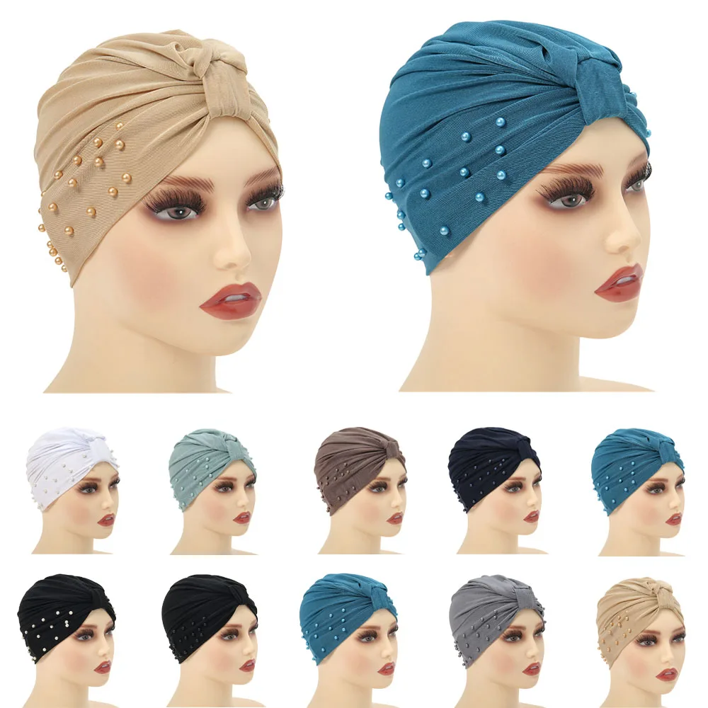 

Indian Beaded Turban Knot Beanie Women Cancer Chemo Cap Muslim Inner Hat Islamic Hair Loss Headscarf Bonnet Stretch Underscarf