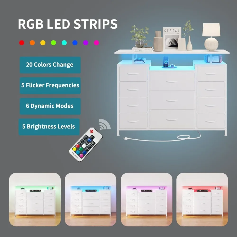 LUMTOK 11-Drawer Fabric-Lined Dresser with Charging Station, LED Lighting, and Shelving for Bedroom Storage