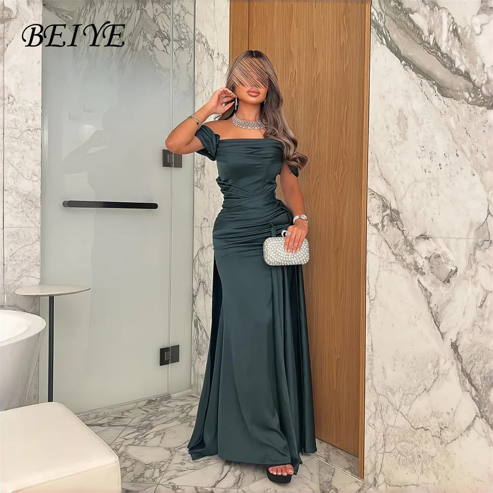 BEIYE – robe de soirée fourreau en Satin vert, charmante, épaules dénudées, sans bretelles, plissée, personnalisée