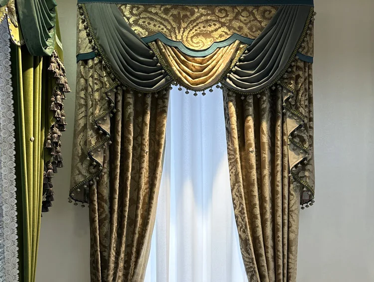 Custom Fantastic modern French vintage bronzed velvet living room brown cloth blackout curtain tulle valance drape C2065