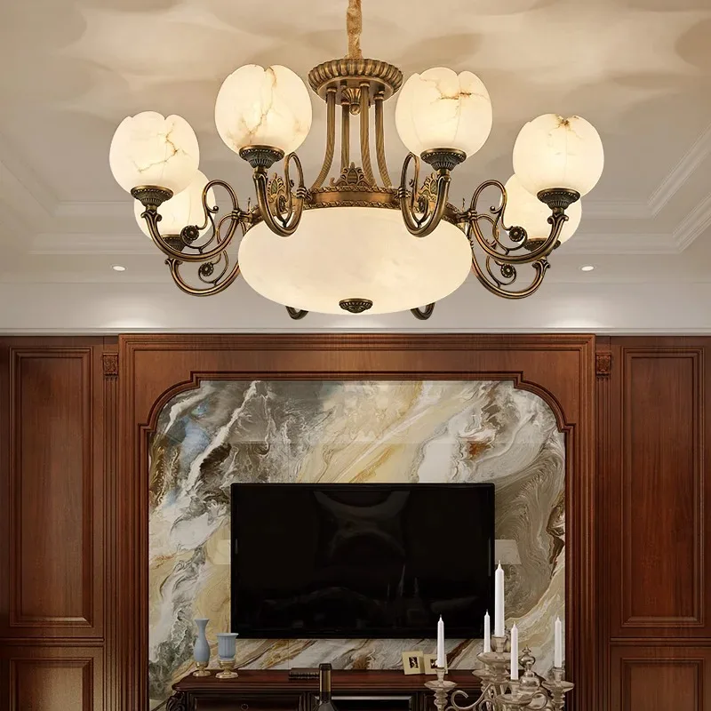 European chandelier, living room lamp, luxury retro American bedroom, dining room, natural marble all-copper lamps imported from