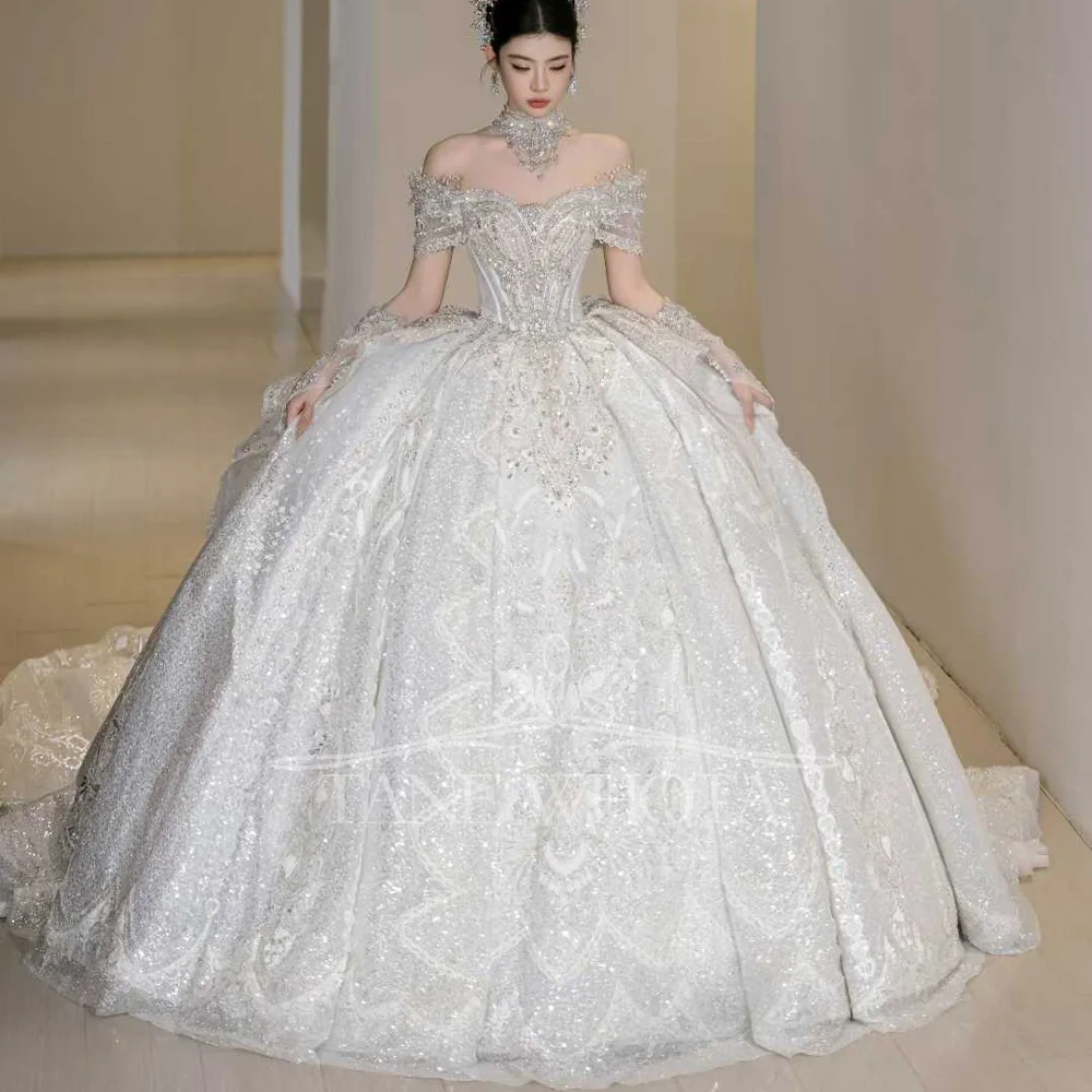 Robe de mariée personnalisable en dentelle chérie, épaules dénudées, robe de mariée à paillettes et perles