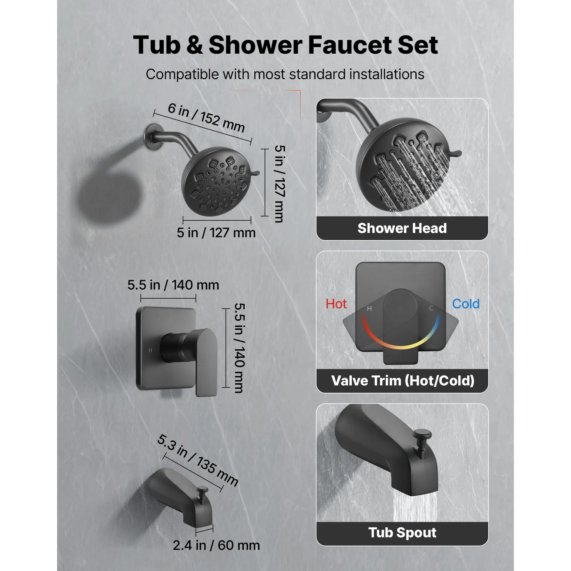 SucceBuy Tub and Shower Faucet Set 5 Inch 8-Setting Single Handle Shower Head Bathtub Spout with Brass Pressure Balancing Valve
