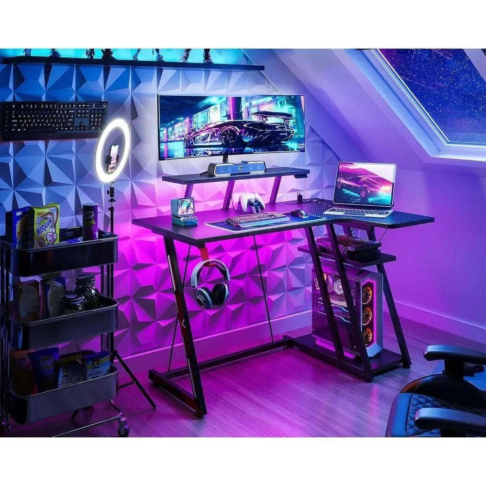 Small Gaming Desk with LED Lights & Power Outlets, 39 Inch L Shaped Gaming Computer Desk with Storage Shelf, Gamer Desk