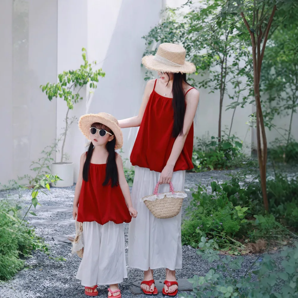 

Vacation Matching Outfits for Mom and Baby Girl Red Sleeveless Vest + Loose Pants 2 Piece Set Women Girls Beach Holiday Clothes