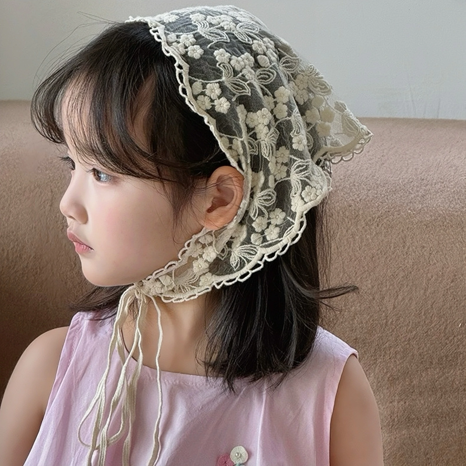 Kids Off-White Floral Lace Headband Soft Breathable Baby Girl Hair Accessory Elegant Lace Flower Wrap for Parties Photography