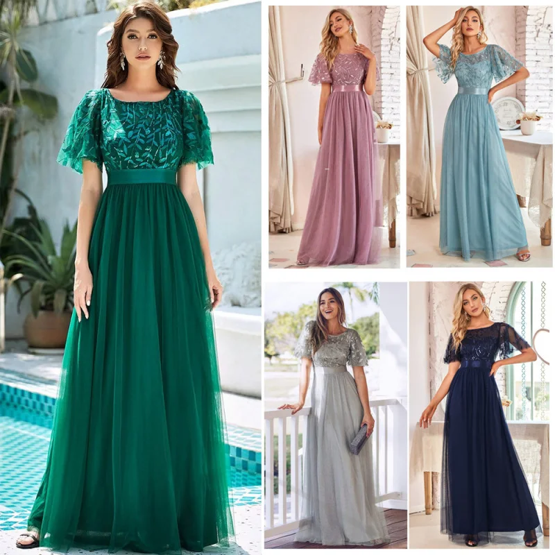 

2025Quality Spring and Autumn European and American New Elastic Waist Patchwork round Neck Party BigAWomen's Mesh Evening Dress