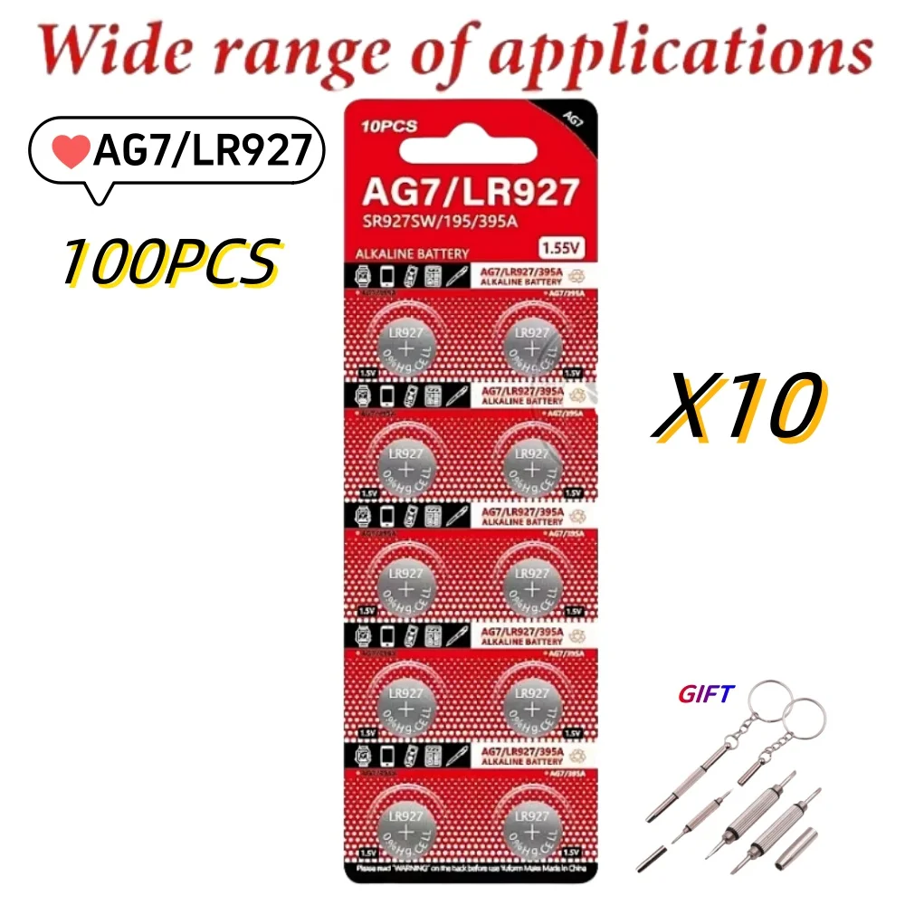 100PCS AG7 LR927 395 1.55V Button Batteries For Watch Toys Remote LR57 SR927 LR926 395A 399 195 Cell Coin Alkaline Battery