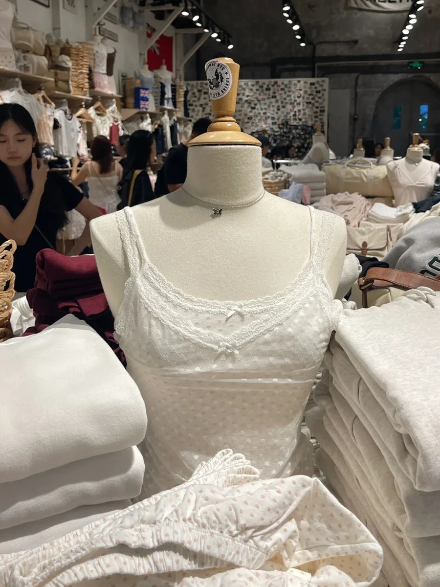 Hearts Jacquard Sexy Sheer Tank Tops Woman Summer Bow V Neck Sleevless Lace Trim Slim Thin Camis Solid Sweet Mesh Y2k Crop Top