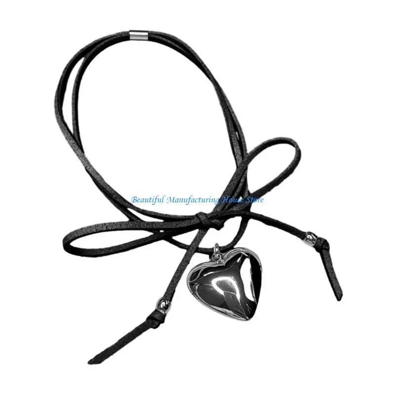 

E56A Sweet Cool Big Heart Pendant Necklace Clavicle Chain Long Rope Short Chain Bowknot Choker Necklace Statement Jewelry