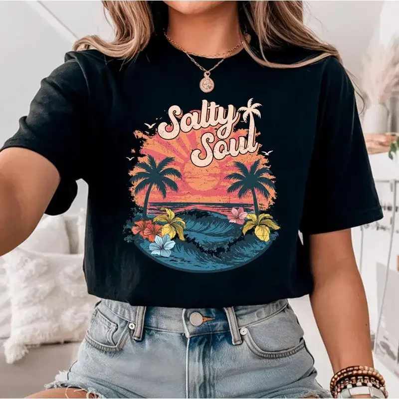 

Футболка Salty Soul в стиле ретро, летняя, в пляжном стиле, с изображением морской соли и песка