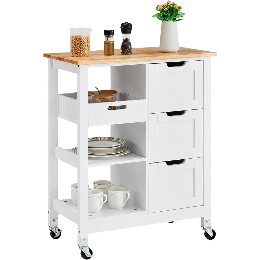 

Kitchen Island Cart, 26 inch Wood Top Mobile Breakfast Bar, Rolling Kitchen Table with 3 Drawers and Shelves