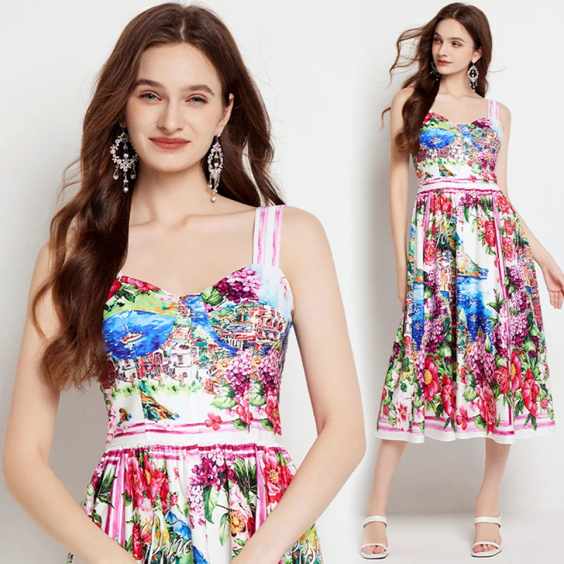 Real Shot Gorgeous Printed Three-Dimensional Bandeau Sling Dress Back Elastic High Waist A- line Skirt