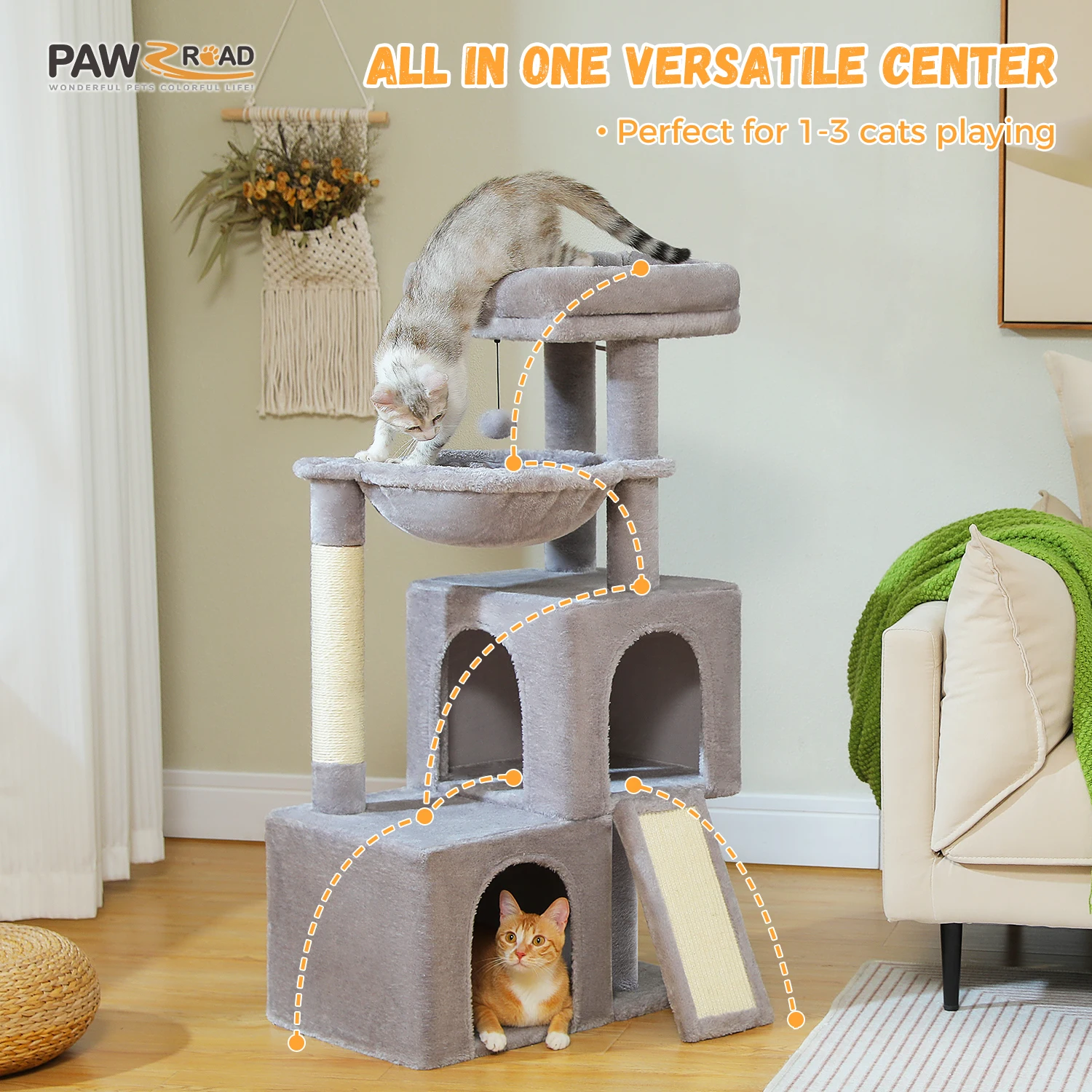 Large Cat Tree for Indoor Cats, Multi-Level Cat Tower with Sisal Scratching Post, 2 Spacious Condo, Cat Scratching Pad, Cat Toys