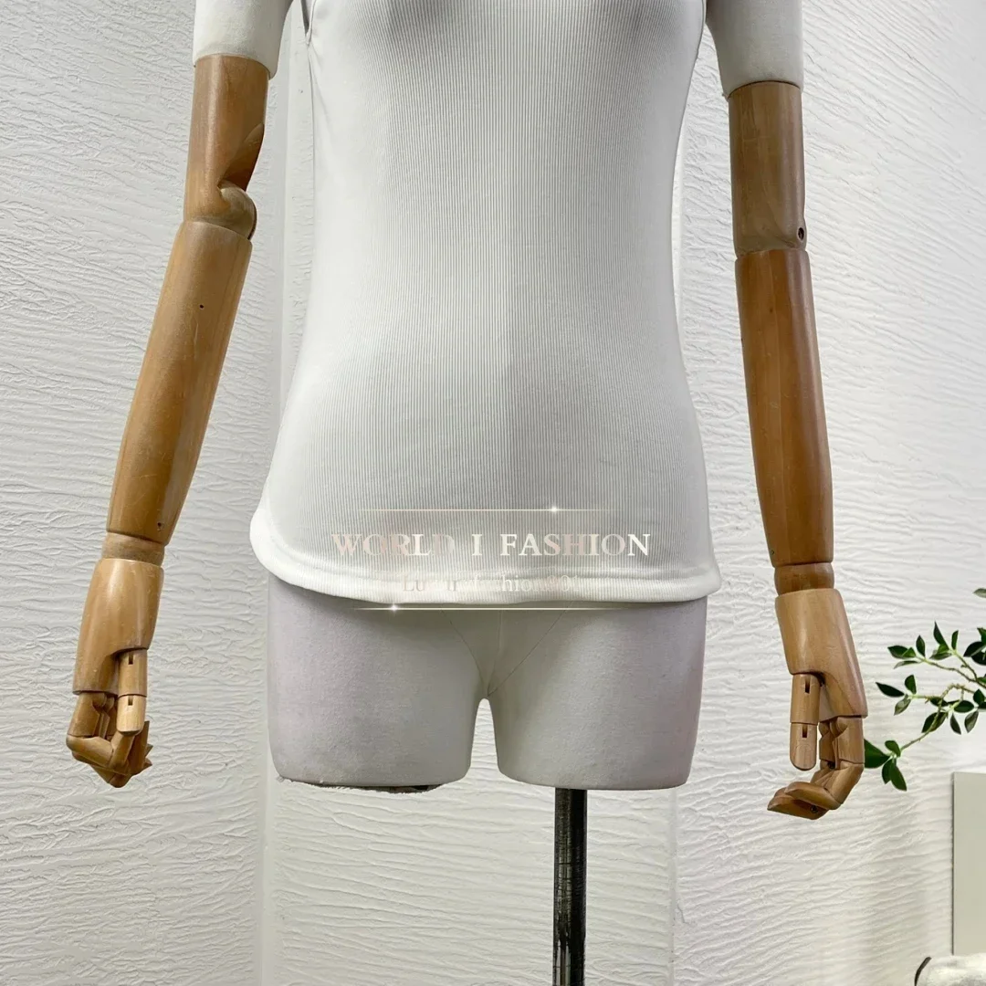 

Pure Linen White/Black Sleeveless Diamonds U Neck Vest Tops 2025 Spring