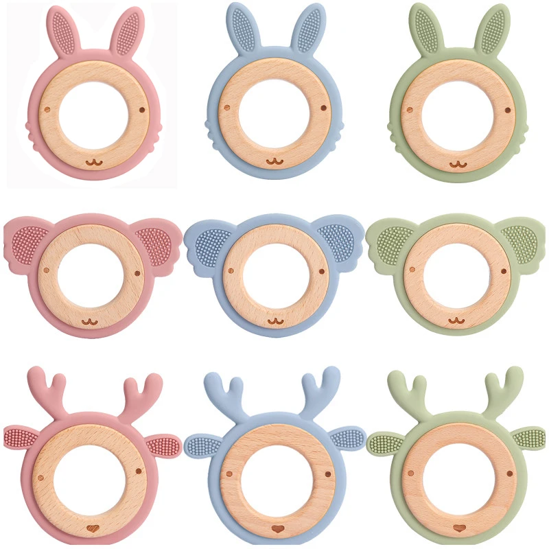 Silicone Baby Teether Koala Elk Toys Wooden Rings Teether Rodents Beech Wood Rattles Chew Baby Products Teethers For Baby