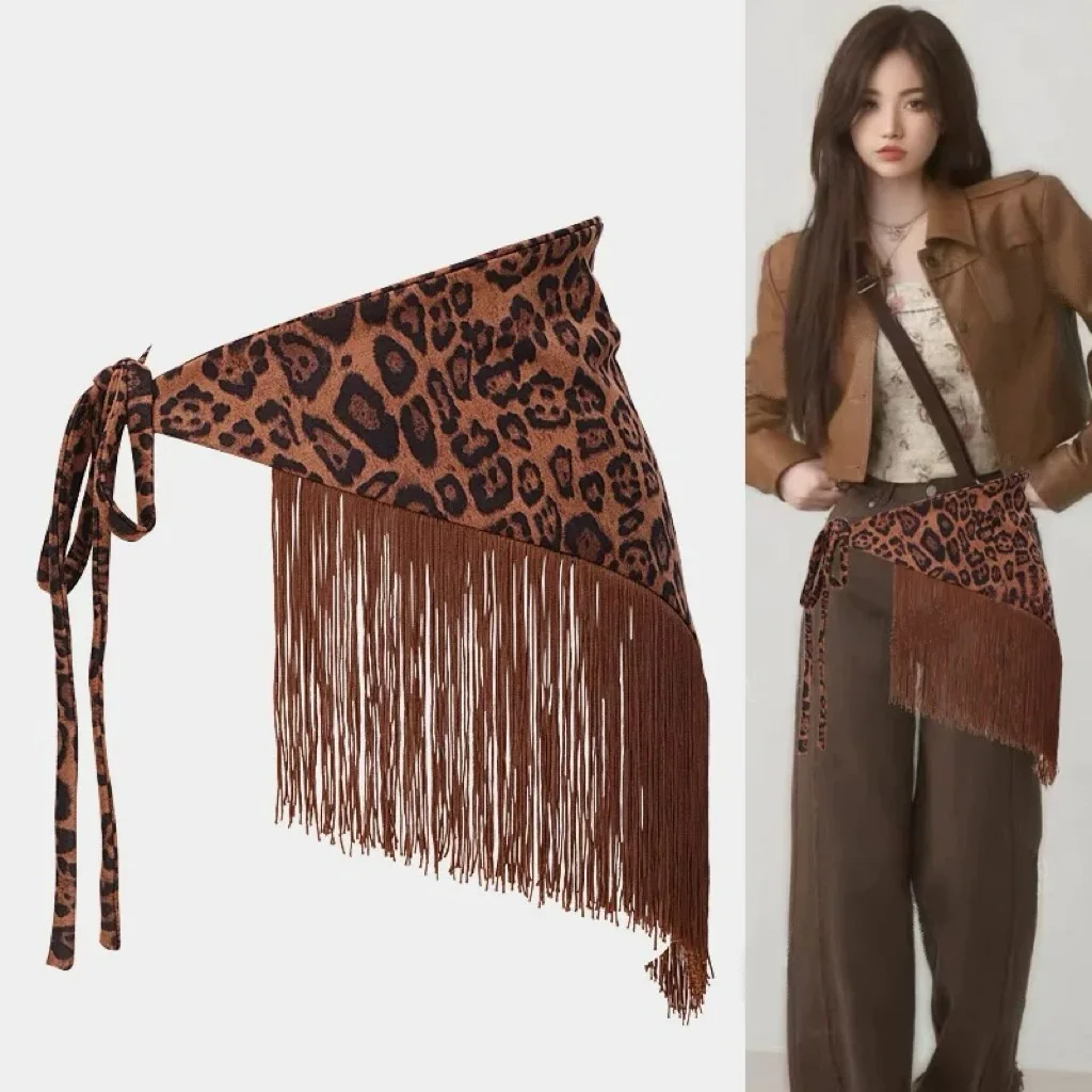 2025 Design Irregular Leopard Print Velvet Satin Waistband Waist Belt for Women Wide Triangular Self-tie Tassel Ceinture Femme