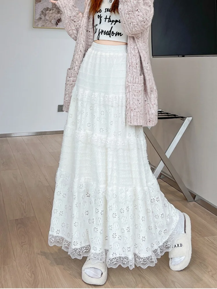 

SMTHMA Korean Sweet Lace Thicken Skirt For Women New Autumn Winter Gentle High Waist Concealing Skinny Mink Cake Long Skirt