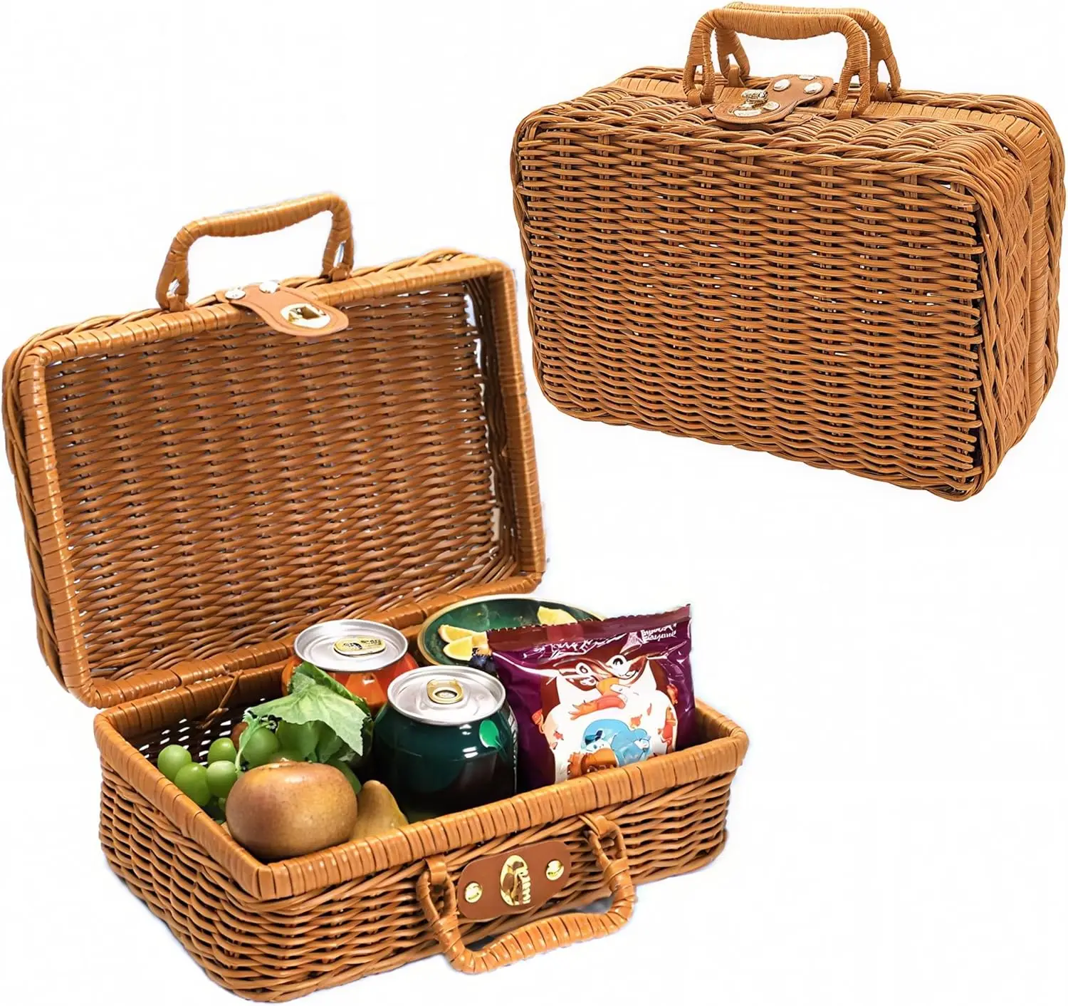 

Vintage Small Rattan Suitcase Basket with Handle Rustic Storage Hamper Prop Case Makeup Organizer for Sundries Camping Travel