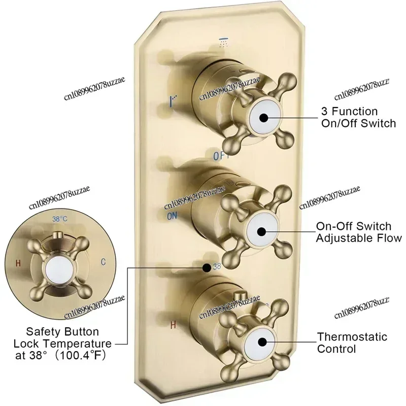 Solid Brass Brushed Gold 3 Way Thermostatic Shower Diverter Valve Concealed Shower Mixing Valve