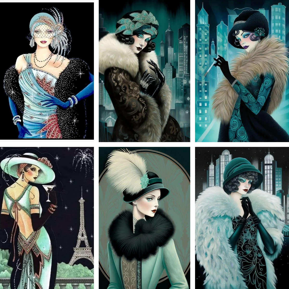 

DIY Mosaic Diamond Painting Art Vintage 1920s Teal "Flapper" Girl Poster Cross Stitch Kit By Diamonds Gift for Fashion Lovers
