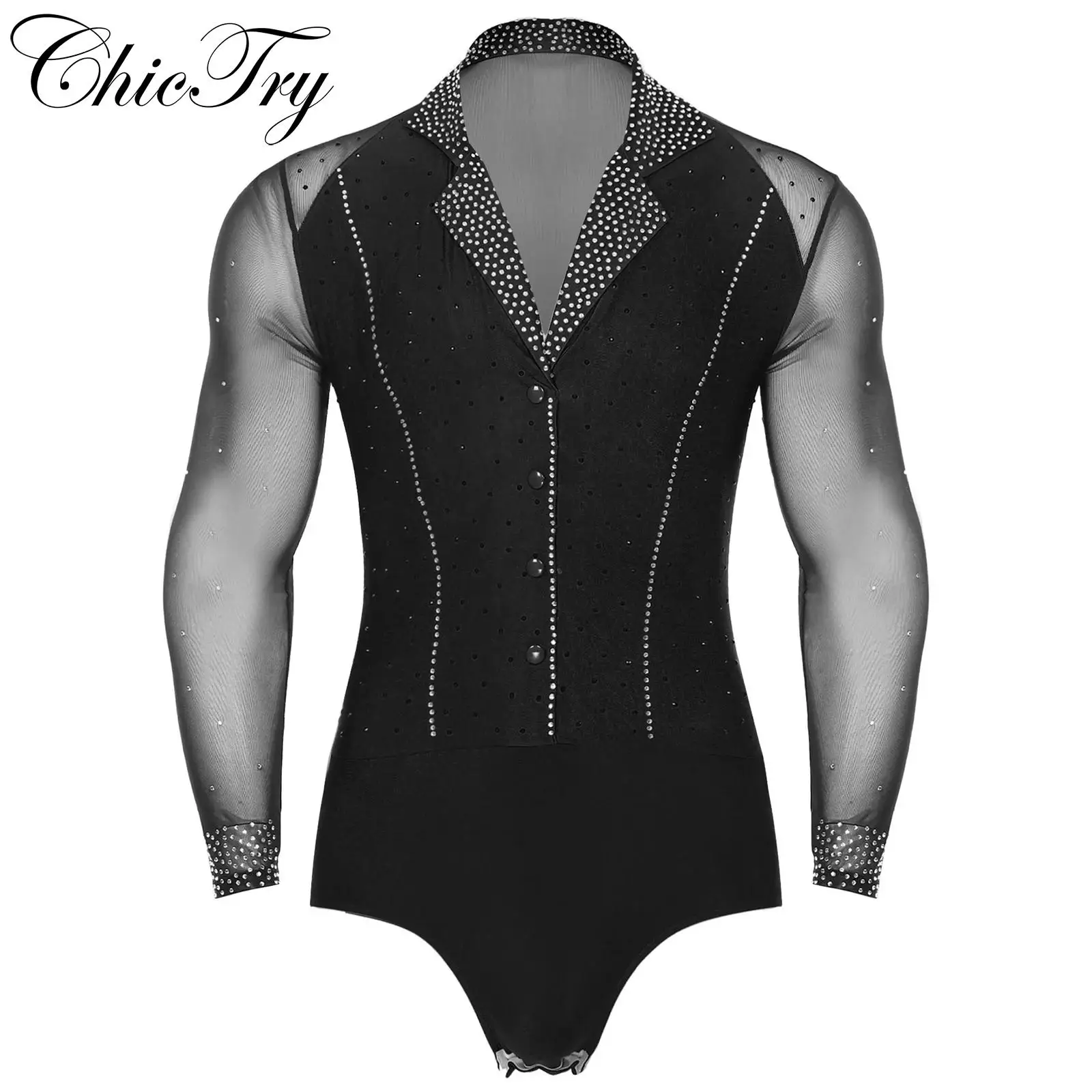 Mens Latin Tango Ballroom Dance Leotard Gymnastics Bodysuit V Neck Dance Shirts Long Sleeve Rhinestone Figure Skating Costume