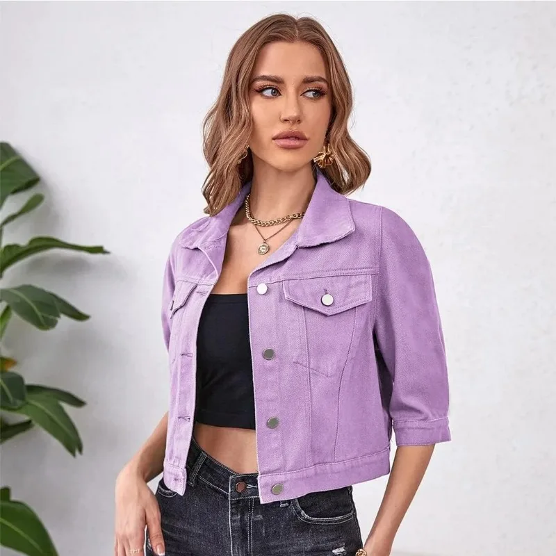 Womens Jean Jacket Cropped Denim Jackets Stretchy 3/4 Puff Sleeve Distressed Shacket with Pockets Purple Yellow White Outerwear