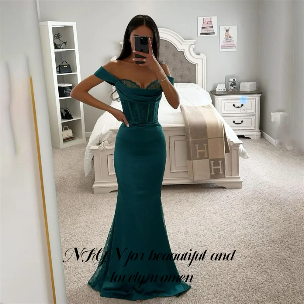 

NFYN Green Elegant Prom Dress with Fishbone Sweetheart Off the Shoulder Prom Gown for Woman Satin Mermaid Dresses Customized