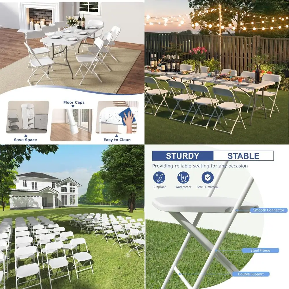 

Набор из 6 белых складных стульев, прочный пластик, для использования в помещении и на улице, грузоподъемность 350 фунтов, портативные, для мероприятий, свадеб, вечеринок и т.д.