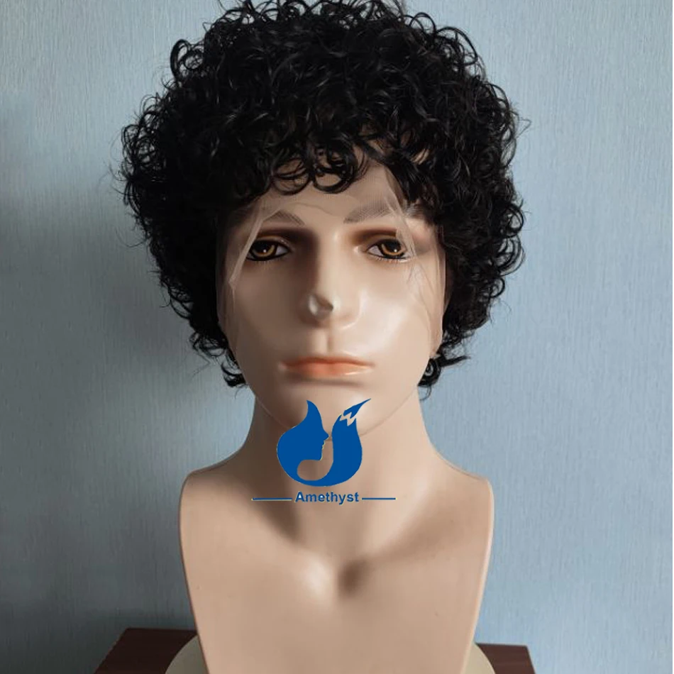 

Мужской парик из натуральных человеческих волос с аметистовым оттенком, короткий, кудрявый, с прозрачной кружевной основой и челкой, предварительно уложенный, в стиле пикси, натуральный черный цвет.