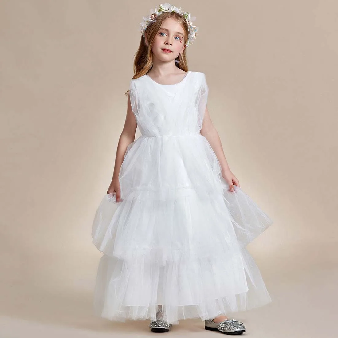 YZYManual-vestido em camadas sem mangas para meninas, estilo princesa, bolo e flor, 2-15T