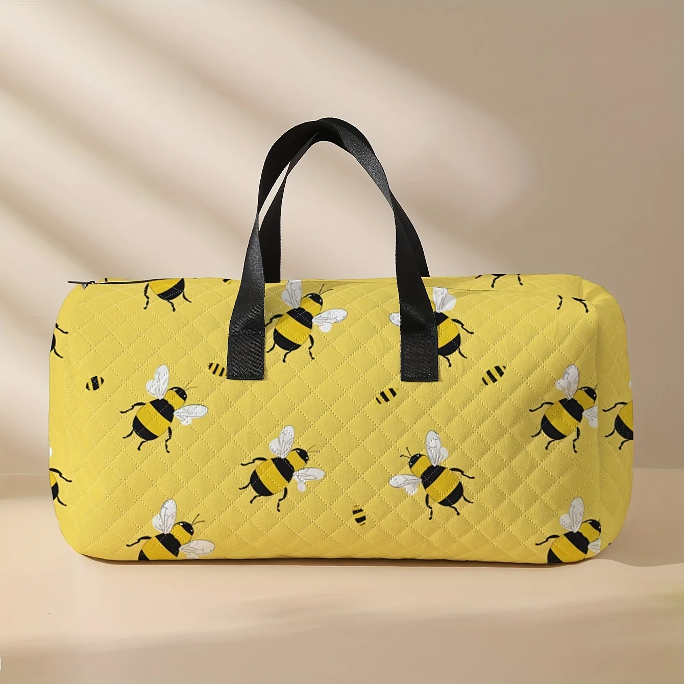 Large Bee Pattern Quilted Vibrant Yellow With Black White Bees, Durable Polyester Fiber, Spacious, Suitable For Long And Short