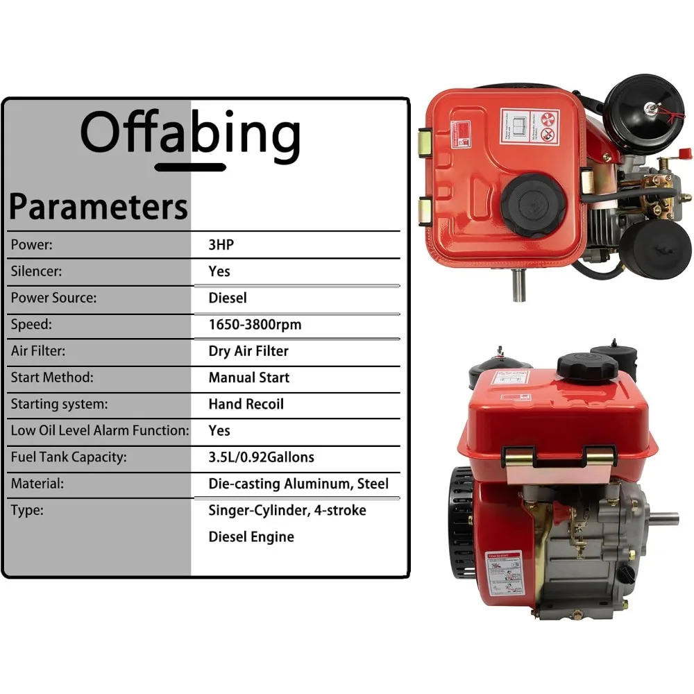 Diesel Engine, 4 Stroke 3HP Engine Single Cylinder Diesel Engine 3800RPM Industrial Grade Multi-Use Engine