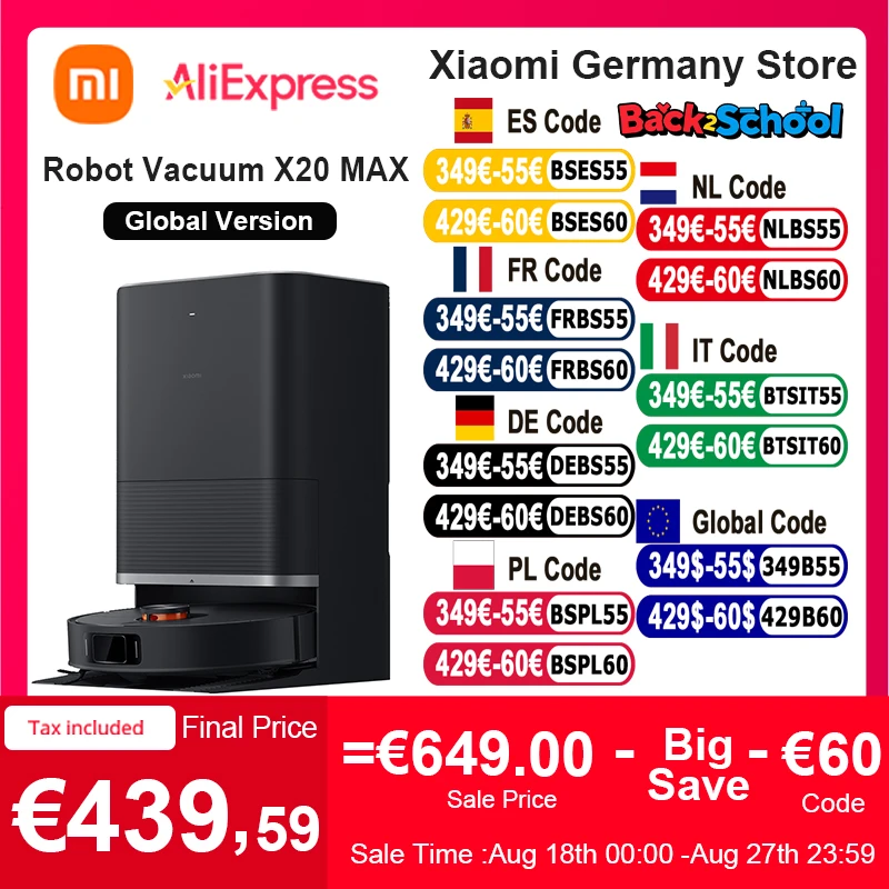 Versione globale Xiaomi Robot Aspirapolvere X20 Max Controllo vocale Raccolta automatica della polvere Scansione della casa intera Pulizia del liquido dei capelli