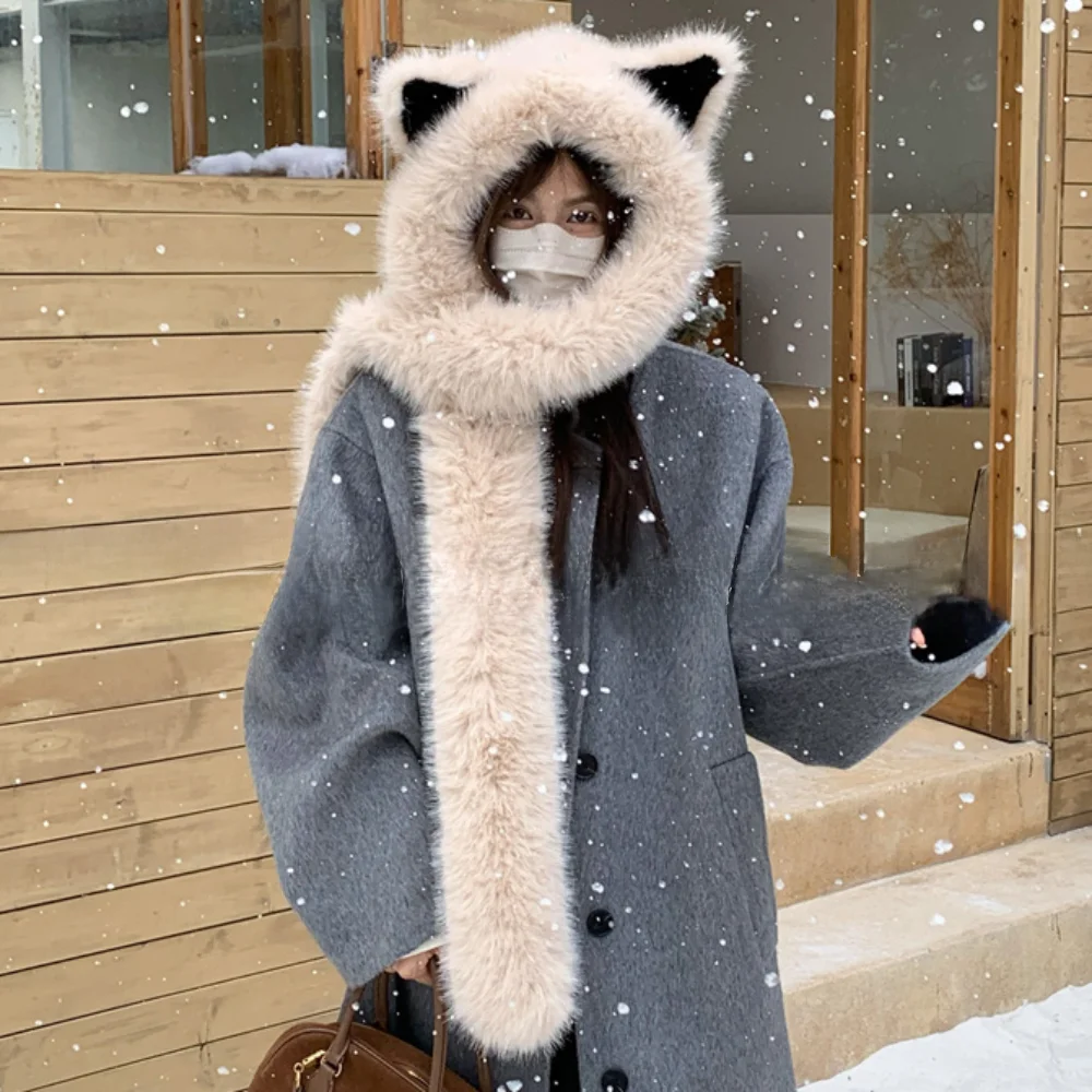 

Cute Windproof Plush Vixen Ear Beanie Hat Thicken Cold Resistant Fluffy Neck Warm Hat Soft Faux Fur Integrated Cap Scarf Skiing