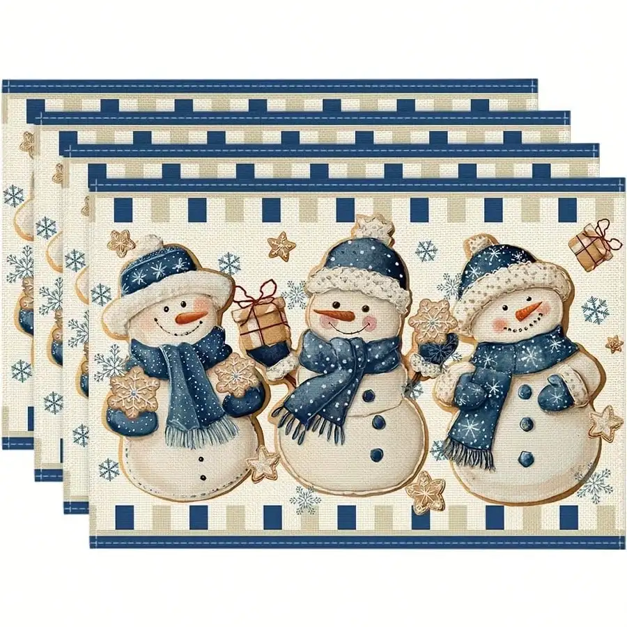 2D Flat 6pcs Winter Snowmen & Snowflake Placemats - Rectangular Table Suitable For Christmas, Hand Washable -Themed Table Setting Decorations For Holiday Gatherings, For Parties And Dining, 2D Flat