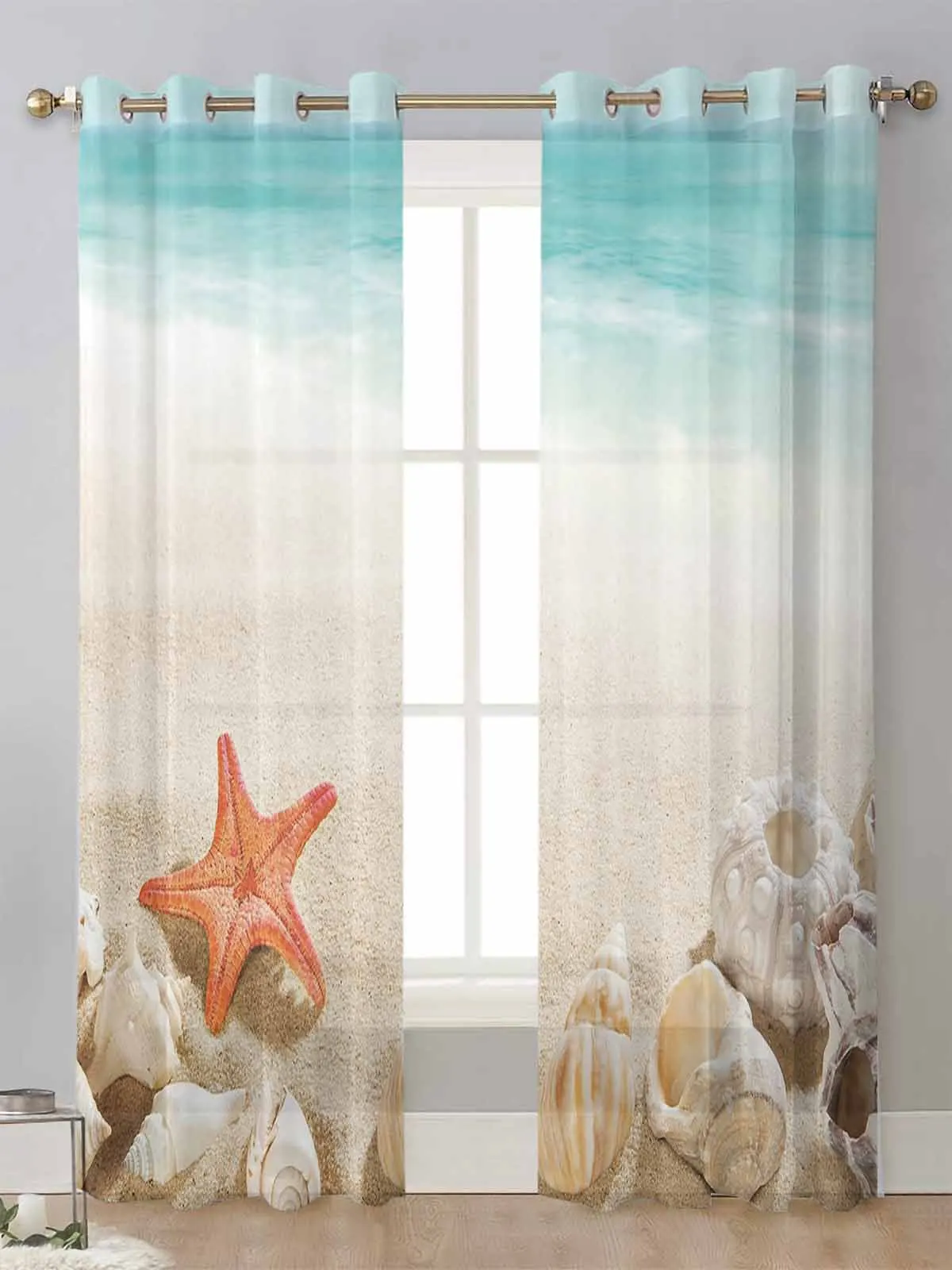 Ocean Beach Starfish Shell Sheer Curtains For Living Room Window Transparent Voile Tulle Curtain Cortinas Drapes Home Decor