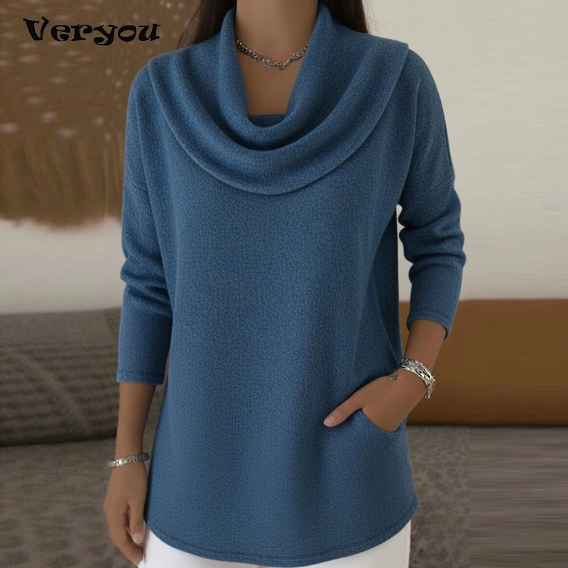 

Elegant Women Long Sleeve T-Shirts Stacked Collar Loose Tee Female Casual T Shirts For Women Fashion Pullover Tops