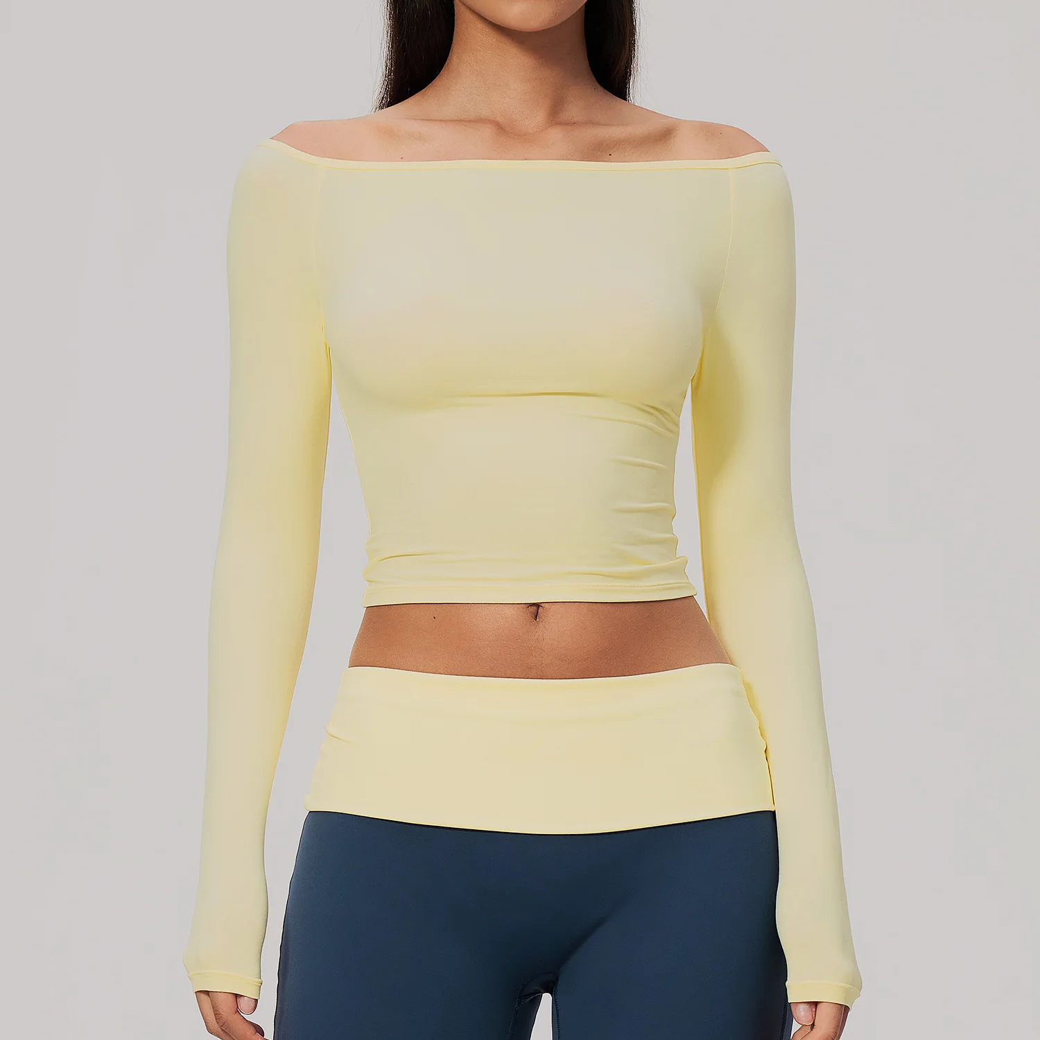 Women's Yoga T-shirt Top Long Sleeved Boat Neck Slim Fit Longline Stretchy Breathable Solid Color Workout Gym Running Fitness