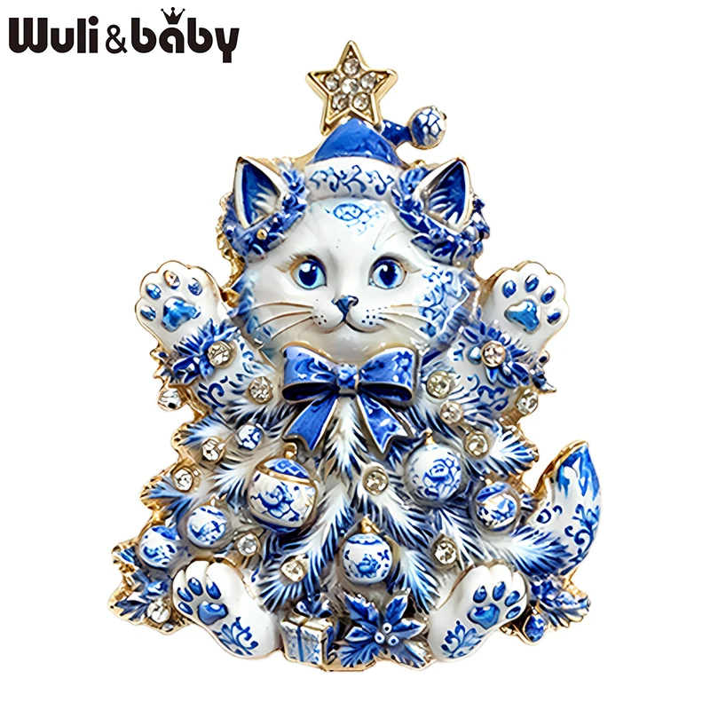 Wuli&baby Christmas Tree Cat Brooches For Women Unisex 2-color Rhinestone Happy Kitty New Year Party Causal Brooch Pins Gifts