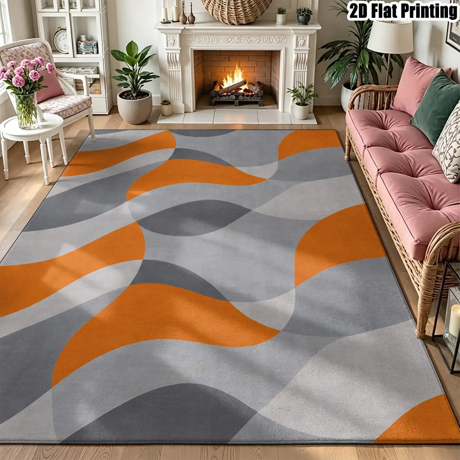 1Pc 2D Printed Carpet: Orange-Grey Geometric Wave Pattern, Nordic/Instagram Style, Modern Minimalist, Machine-Washable, Multi-Size, Multi-Scene Home Decor Floor Mat