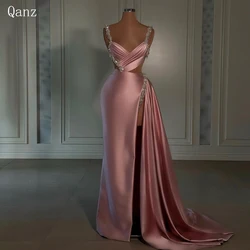 Qanz Formal Mermaid Evening Dresses V-neck Pleat Spaghetti Straps Prom Dress High Side Slit Pearls Special Celebrity Party Gowns