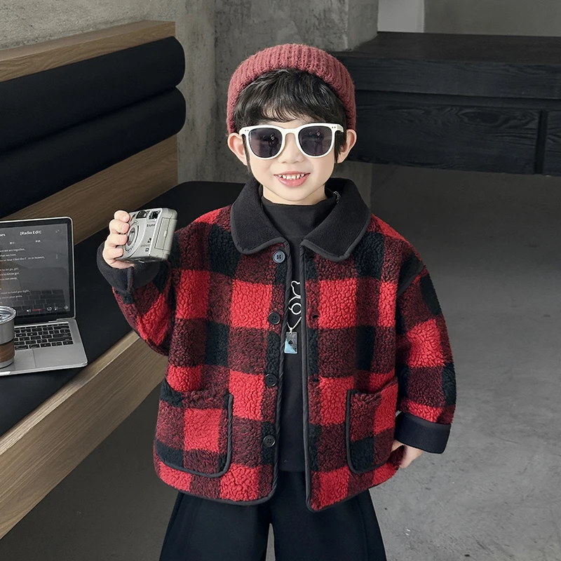 

Зимнее шерстяное пальто для мальчиков на флисовой подкладке, в клетку, для дома, водонепроницаемое